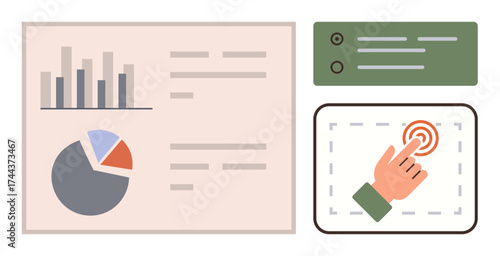 Hand selecting data on a touchscreen with bar and pie charts, list panel. Ideal for data visualization, analysis, interactivity, technology, user interface, statistics, decision making simple flat