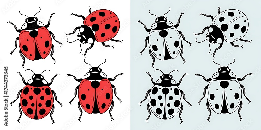 Naklejka premium Four red ladybugs and four black and white ladybugs arranged in two groups