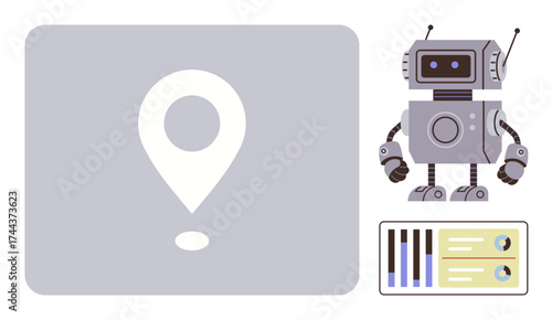 Robot figure next to geolocation pin with data charts showing graphs and analytics. Ideal for robotics, AI, data analysis, geolocation services, technology, innovation, futuristic concepts, simple