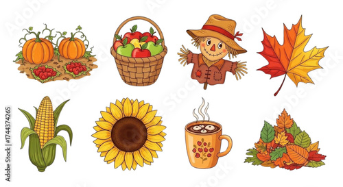 Set of cartoon autumn icons for a cozy fall season.
