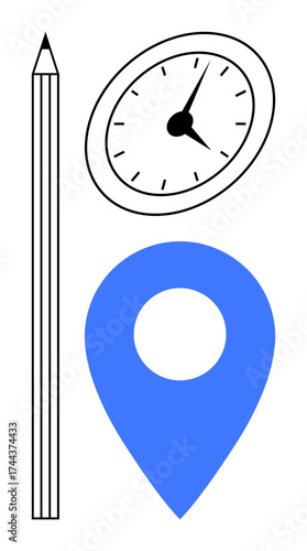 Pencil, clock, and blue map marker representing planning, productivity, deadlines, navigation, organization, focus decision-making. Ideal for planning concepts schedules minimal flat metaphor