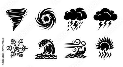 A powerful set of weather and natural disaster silhouettes including a tornado hurricane and tsunami wave.
