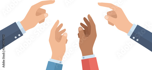 Diverse hands pointing towards the center and reaching upwards, symbolizing collaboration, discussion, voting, selection, or an inclusive meeting with equal opportunity graphic concept.