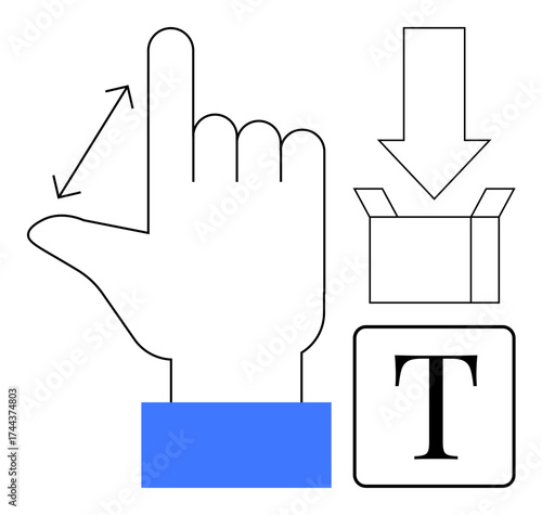 Hand used for resizing gesture, arrow pointing to open box for storage, and text editing feature. Ideal for UI design, touch interaction, technology, apps, navigation, data entry simple flat