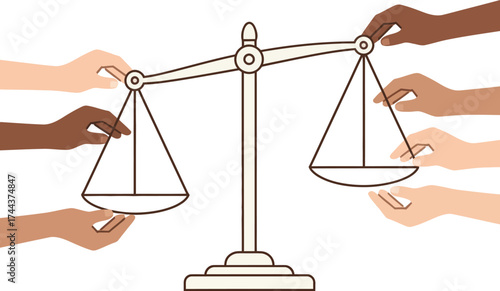 Diverse human hands of varying skin tones balancing the Scales of Justice, symbolizing Equality, Social Justice, Law, and Fairness in a multicultural society graphic illustration.