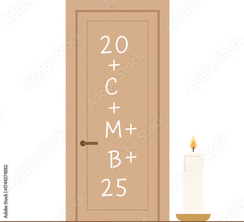 Door with traditional Epiphany chalk blessing 20 + C + M + B + 25 written on it, next to a lit candle, symbolizing Christian faith and holiday tradition graphic.