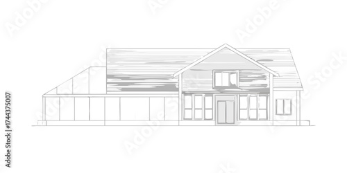 Stylized illustration of a modern house with a sunroom and large windows on a black background