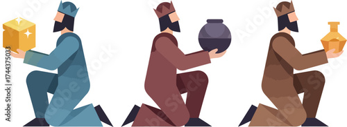 Three Magi kneeling and offering their gifts of Gold, Frankincense, and Myrrh; a minimal and modern stylized religious Epiphany and Christmas nativity scene graphic illustration.