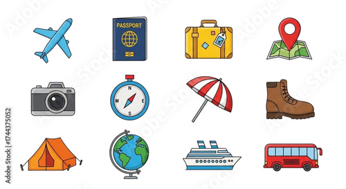 A colorful collection of illustrations representing items and transportation for travel vacation and outdoor adventures.
