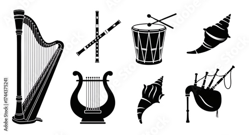 A collection of  ancient and traditional musical instrument silhouettes from around the world.
