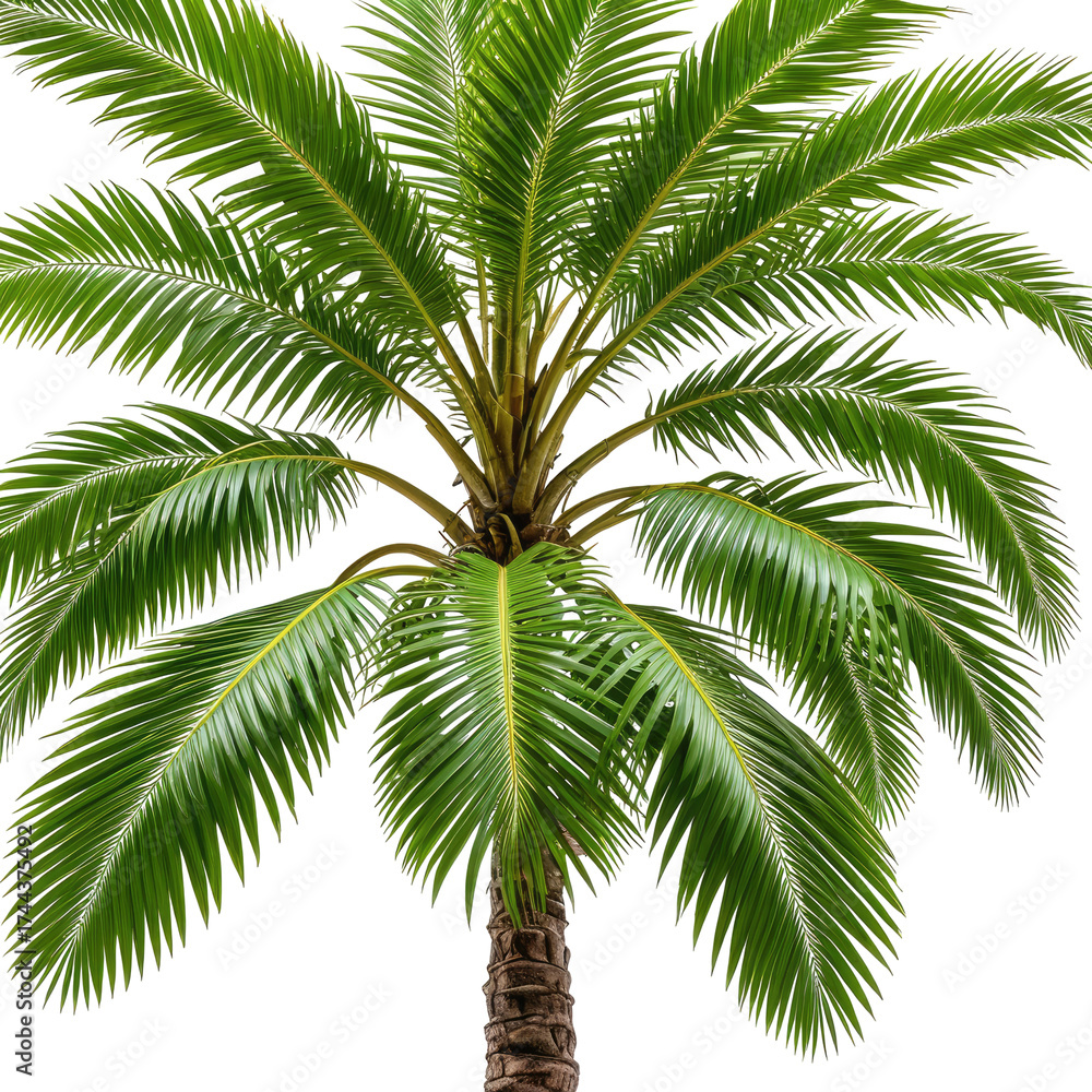 Fototapeta premium Close-up of a vibrant palm tree with lush green fronds and a textured trunk