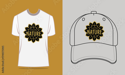 T shirt cap with gold floral nature logo clothing