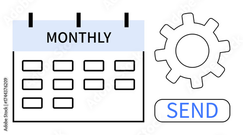 Calendar labeled Monthly next to gear and send button, representing task scheduling, automation, and productivity. Ideal for planning, workflow, reminders, routine tasks, deadlines efficiency