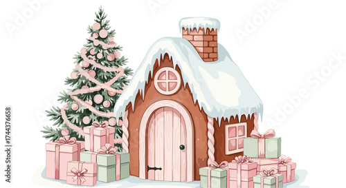 Charming gingerbread house with snow-covered roof, Christmas tree, and delightful gifts evokes a festive, heartwarming winter wonderland scene