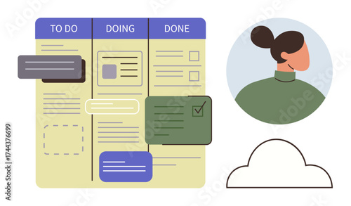 Board with To Do, Doing, Done columns, task cards, profile avatar, and cloud icon. Ideal for productivity, work planning, teamwork collaboration goal tracking remote work simple flat metaphor