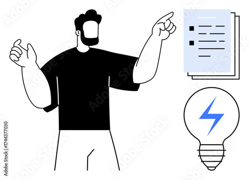 Man pointing at checklist representing tasks and goals, lightbulb with lightning bolt highlights innovation. Ideal for planning, brainstorming, leadership, productivity, creativity, strategy