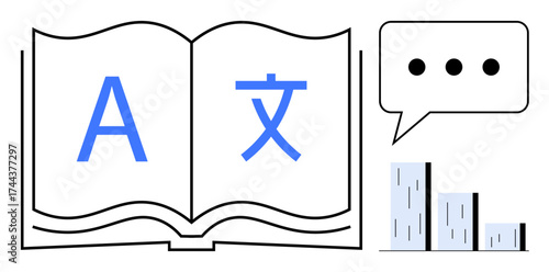 Open book with multilingual text, speech bubble, and bar chart. Ideal for language translation, education, global communication, e-learning, data analysis, literacy simple flat metaphor