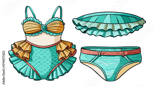 Very beautiful womens ruffle trim bandeau bikini set strapless tube top two piece swim suit flat sketch vector illustration technical cad drawing template together White Background