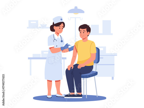 A female nurse administers a vaccination or injection to a male patient's arm in a clinic. Depicts routine healthcare, immunization, and disease prevention.