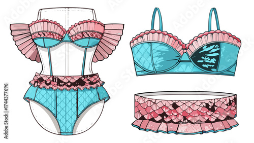 Very beautiful womens ruffle trim bandeau bikini set strapless tube top two piece swim suit flat sketch vector illustration technical cad drawing template together White Background