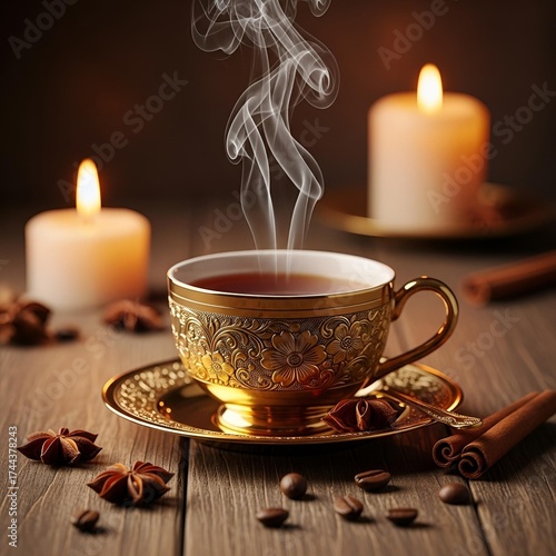 cup of coffee with cinnamon and candle