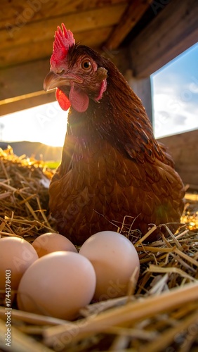 Brown hen in coop with eggs illuminated by sunlight
