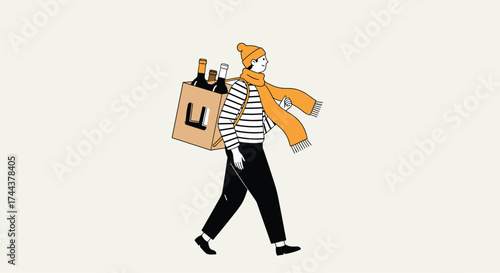Whimsical illustration of a person delivering wine bottles with a smile, perfect for celebrating special occasions with friends and family