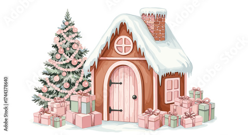 Charming gingerbread house scene with snowy roof, pink ornaments on Christmas tree, and pastel gifts for a whimsical holiday celebration