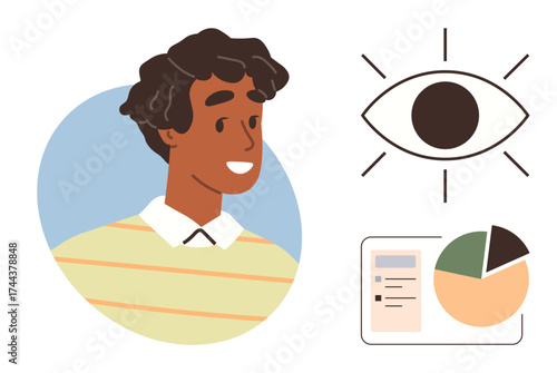 Smiling person portrait, large eye symbol, doughnut chart, and document. Ideal for analytics, insight, vision, personal growth, data analysis reporting awareness simple flat metaphor
