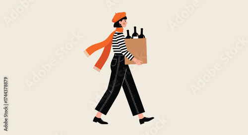 Stylish woman in beret walks confidently with wine bottles in tow for a dinner party, conveying elegance and French joie de vivre