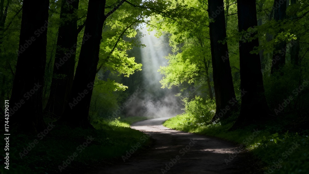 Obraz premium A sunlit, misty forest path bordered by dark tree trunks and vibrant green foliage.