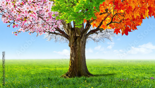 Four seasons illustration showing summer autumn winter and spring with trees and weather elements
