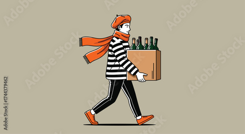 Charming illustration of French delivery person joyfully carrying wine in Paris, ideal for travel blogs, food promotions, or cultural event advertising