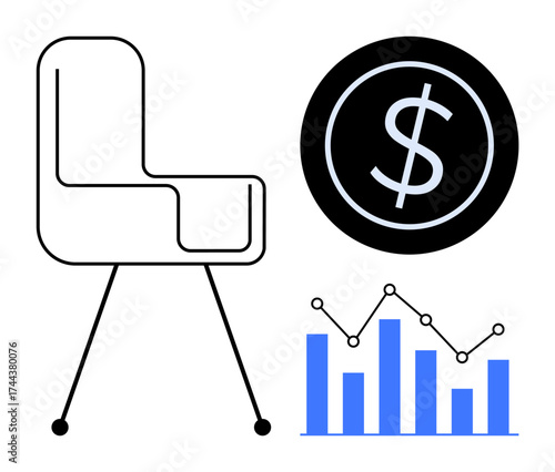 Office chair, dollar sign, and bar graph with connecting nodes. Ideal for business, finance, investment, workplace, growth analytics and profitability themes. Simple flat metaphor