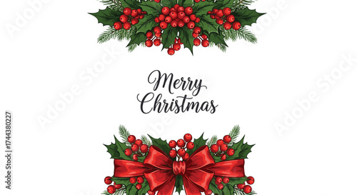 Elegant Christmas card design with festive holly berries and a vibrant red bow, perfect for spreading holiday cheer and seasonal greetings with style