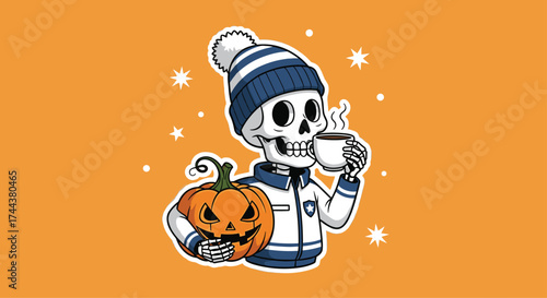 Spooky skeleton enjoying a warm drink and pumpkin vibes, perfect for festive fall designs and Halloween promotions, adding a playful touch to your project