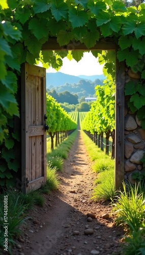 Wallpaper Mural Rustic Wooden Gate Leading to Sun-Dappled Grapevines A Serene Vineyard Path Beckoning Exploration Torontodigital.ca