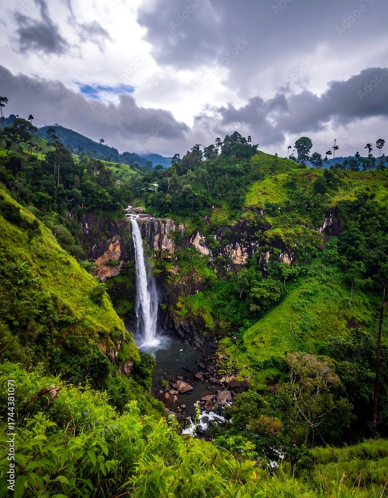 Obraz premium Lush landscape with cascading waterfall