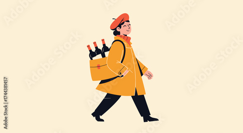 Stylish woman walking with wine bottles in a bag, bringing the party to you with a touch of French flair, get ready to toast life's moments