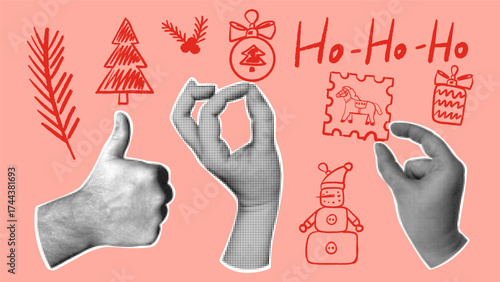 Set of retro collage elements with hand-drawn Christmas elements. Halftone hands in vintage style.
