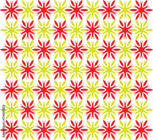 Vibrant abstract floral pattern with red and yellow starburst shapes arranged in a repeating geometric grid isolated on transparent background