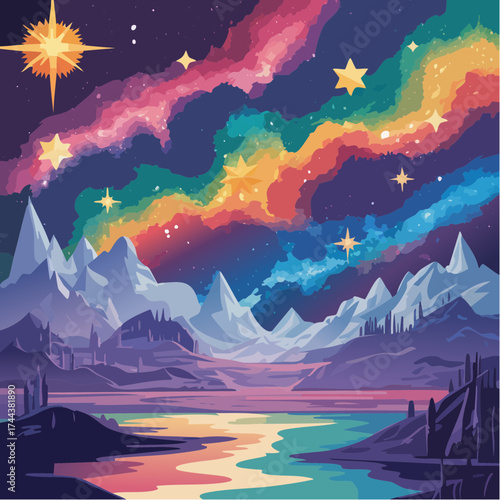 Surreal landscape with floating mountains, glowing stars, colorful nebula sky, fantasy style, highly detailed, atmospheric lighting