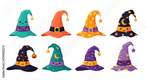 Enchanting Halloween vibes with adorable witch hats featuring playful kawaii faces and whimsical designs, perfect for kids' crafts or holiday invitations