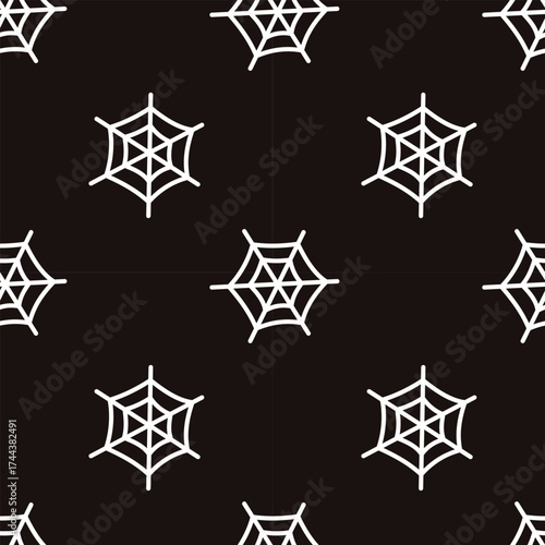 Vector seamless pattern with white spider web on black background. Minimal Halloween cobweb texture for wrapping, textile, wallpaper, and spooky holiday design.