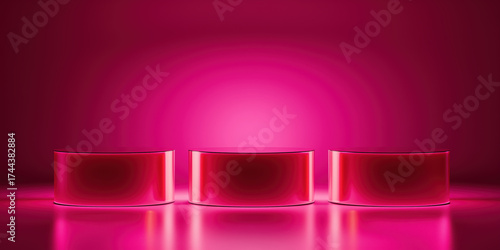 Three glossy cylindrical podiums on vibrant pink, magenta gradient background with centered lighting. Symmetry, contrast, highlight, suitable for product display, branding, editorial, abstract design