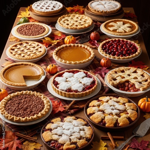 Wallpaper Mural A bountiful spread of assorted pies, including fruit, pumpkin, and pecan, arranged on a rustic table with autumn leaves and pumpkins Torontodigital.ca