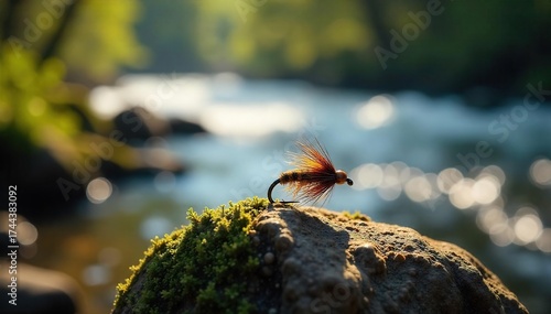 Wallpaper Mural Lone Trout Fly on Mossy Riverbank Awaits Cast  Sunlight glints off the intricate hook, ready for a thrilling day of fly fishing amidst rushing water and serene natural beauty. Torontodigital.ca