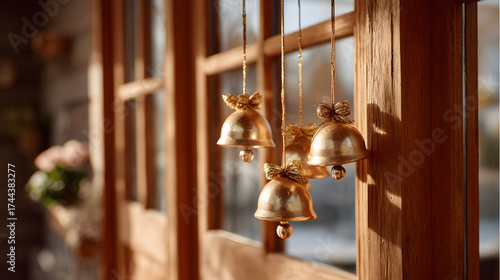 Golden bells hanging in front of a wooden window