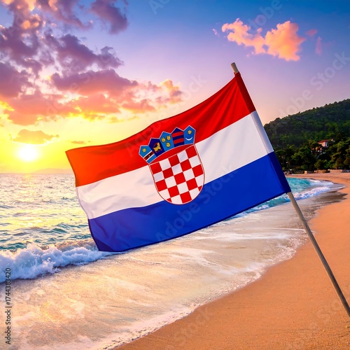 Fototapeta Naklejka Na Ścianę i Meble -  Croatian flag waving over a tropical beach at sunset