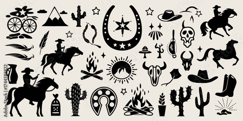 Collection of western and cowboy themed silhouette illustrations for design